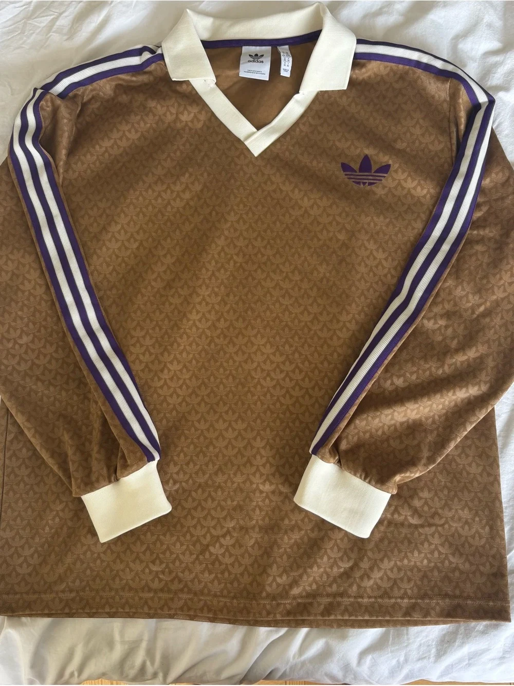 Rare Adidas Originals LS Collared Jersey in Brown Desert Monogram Trefoil, sz XL